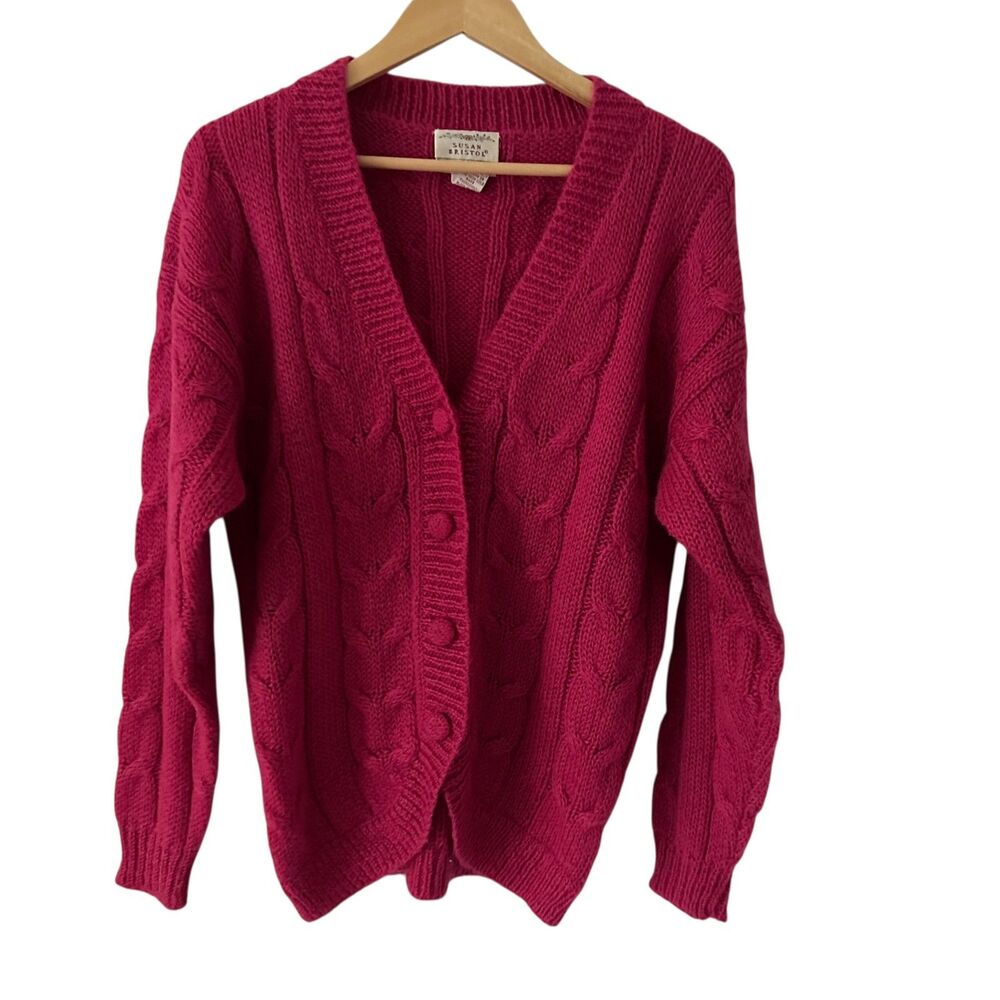Susan Bristol Vintage 1990 Dark Pink Mohair V-Neck Cable‎ Knit Cardigan Size S